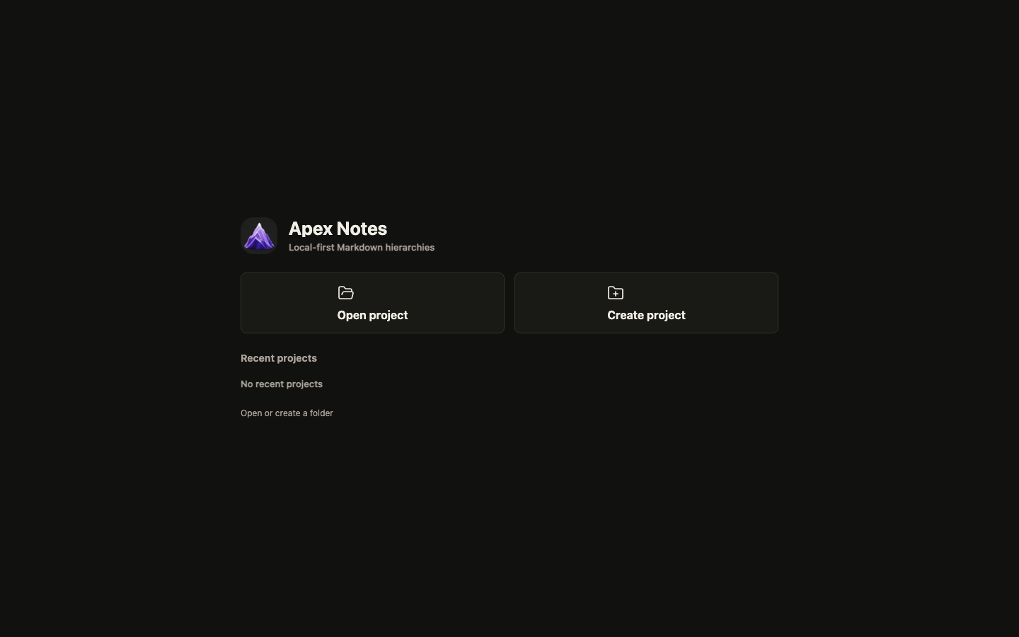 Apex Notes launch screen with Open project and Create project buttons.